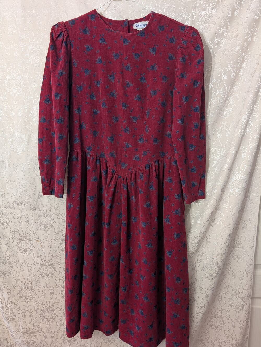 Vintage 90s Pinot Noir Burgundy Corduroy Drop Waist Midi Dress L Floral Cotton